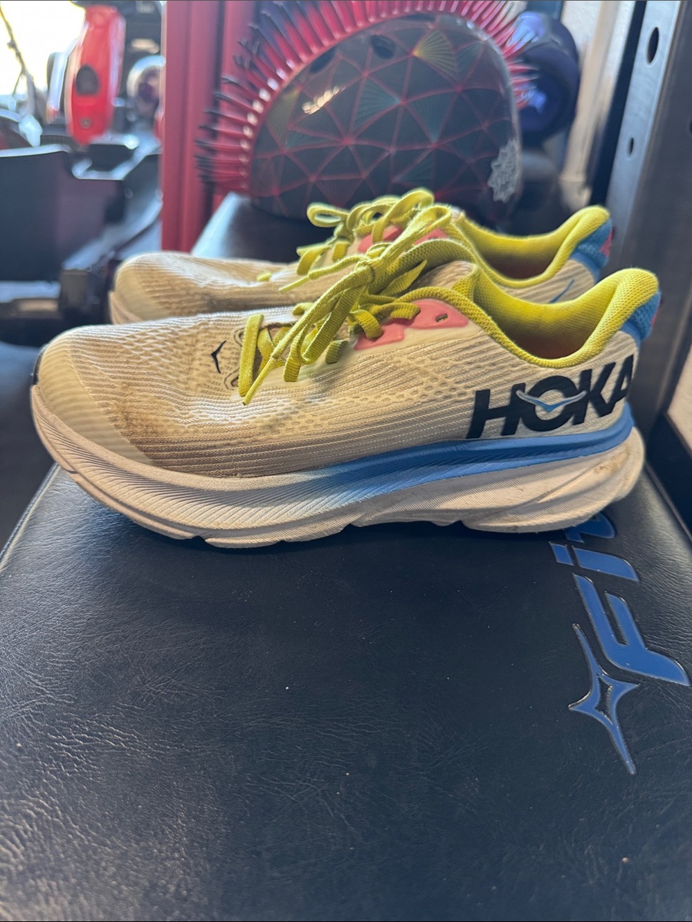 Hoka Kids White Sneakers with Blue, Yellow & Pink Accents